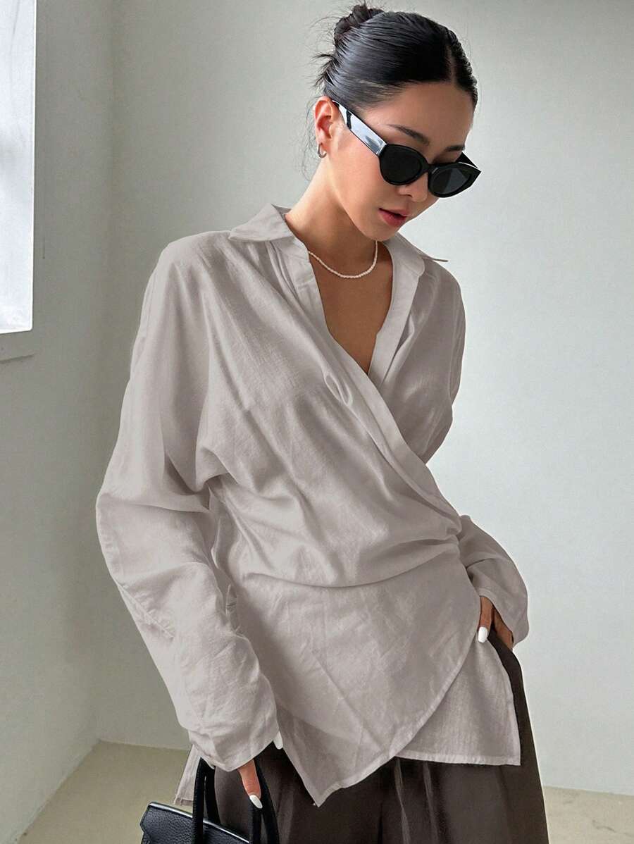 DAZY 女士纯色简约长袖衬衫 - 卡其色 - 查看 1