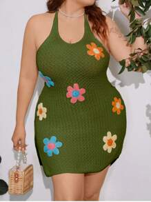 Flirla Crochet Floral Pattern Split Maxi Sweater Dress Plus Size - Army Green - View 1