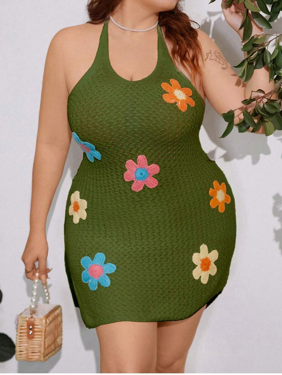 Flirla Crochet Floral Pattern Split Maxi Sweater Dress Plus Size - Army Green - View 1