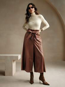 Anewsta 女士棕色休闲高腰阔腿皮裤