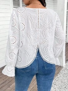 SHEIN Frenchy Plus Size Hollow Out Embroidered Long Sleeve Shirt, Autumn - White - View 1