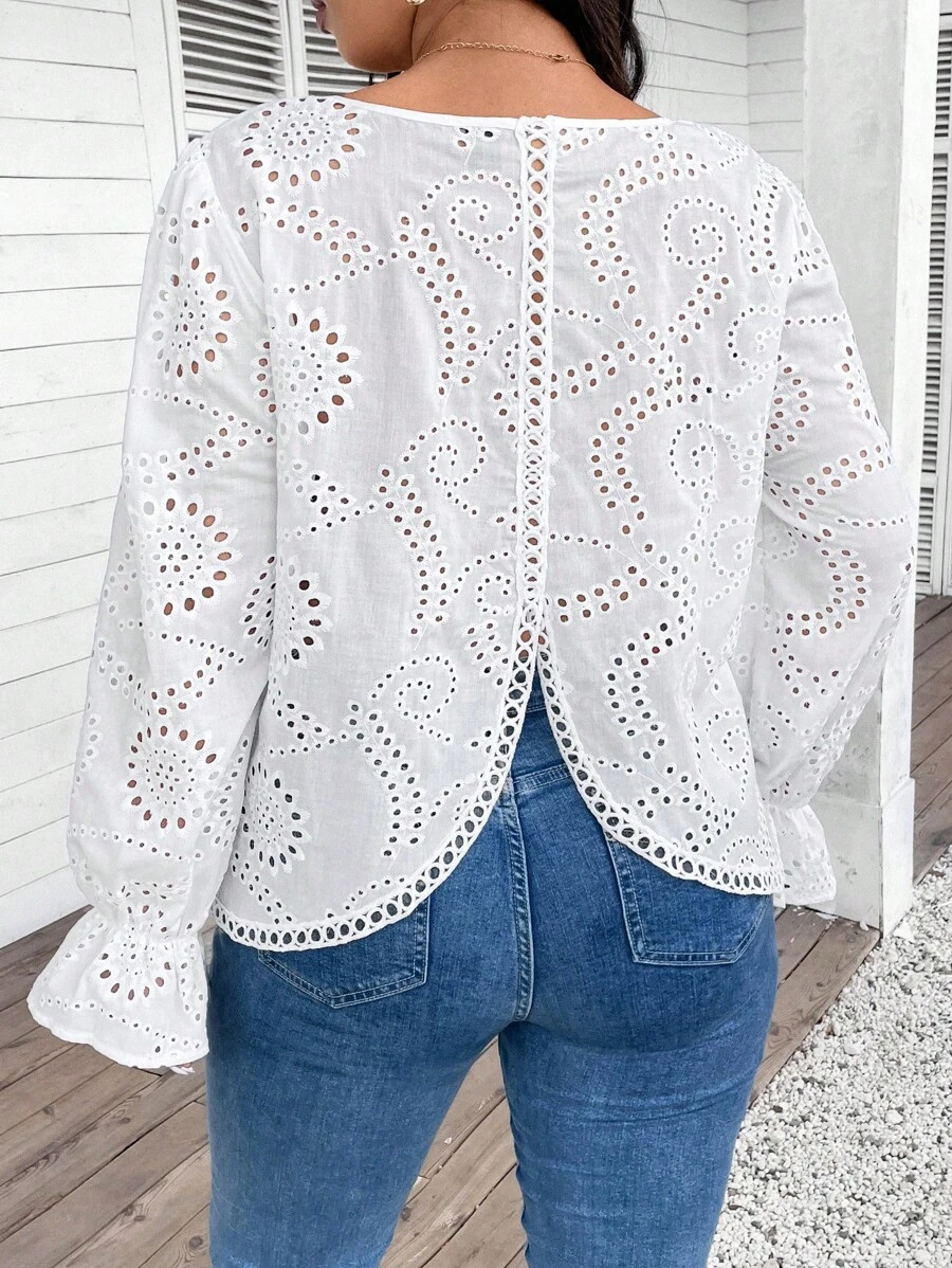 SHEIN Frenchy Plus Size Hollow Out Embroidered Long Sleeve Shirt, Autumn - White - View 1