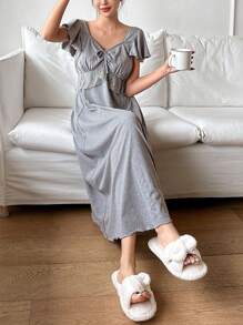 DAZY Ruffled Sleeve Lace Patchwork Waist Casual Dress - Grey - View 5