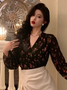 DAZY 女士全印花 V 领衬衫、长袖上衣、荷叶边、秋季女装