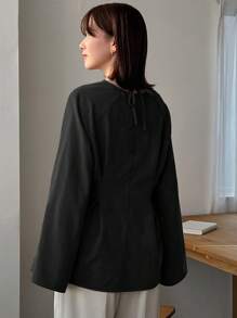 FRIFUL Women's Casual Solid Color Bell Sleeve Blouse, Spring/Autumn,Long Sleeve Tops - Black - View 2