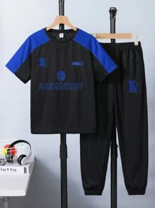 SHEIN 2pcs Tween Boy Contrast Color Casual Sports Letter Graphic Short Sleeve T-Shirt And Jogger Pants Set,Kids - Royal Blue - View 6