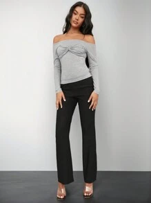 SHEIN BAE Gray Solid Color Women's Simple Daily Casual Outing, Back To School, Off Shoulder Off-Shoulder Long-Sleeved Tight T-Shirt,
Fitted T Shirt,Long Sleeves Woman,Work Women Tops