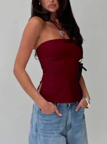 INAWLY Áo ống xẻ tà màu trơn đơn giản mùa hè cho nữ - Màu Đỏ Sâu - Xem 1