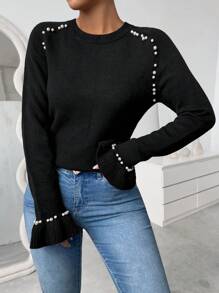 SHEIN Unity Women's Beaded Ruffled Sleeve Pullover Sweater, Knit Pullover Fall Winter - Black - View 7