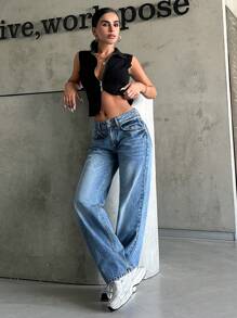 RueChic 100% Cotton Low Waist Wash Detailed Straight Cut Jean