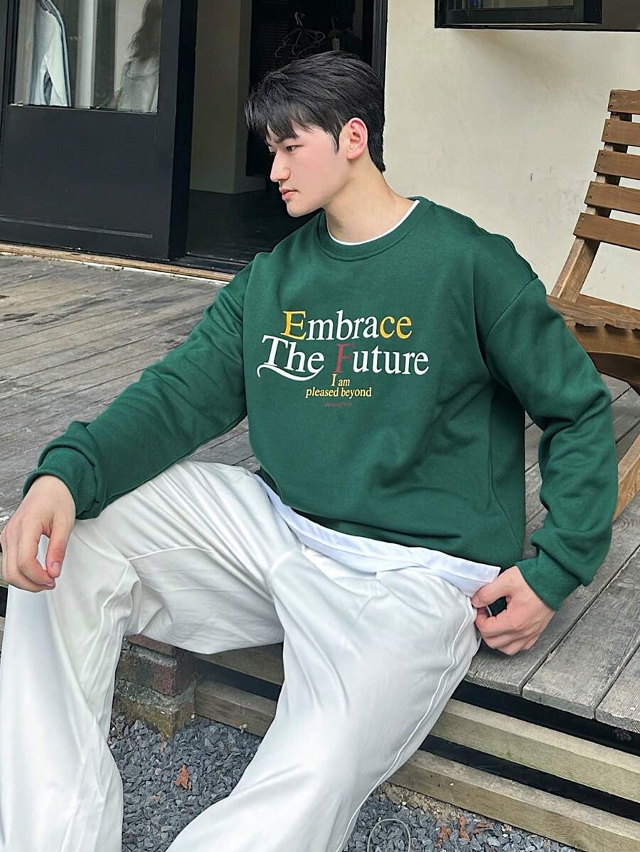 DAZY Men Autumn Lettering Pullover Sweatshirt - Green - View 1