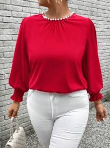 SHEIN Unity Camisa de mangas largas, de cuello redondo, de unicolor y elegante para ropa de Año Nuevo para tallas grandes - Rojo - Ver 6