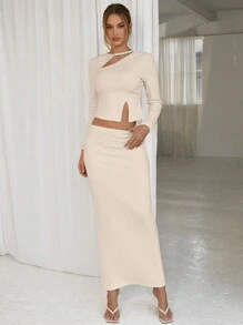 Aloruh Women's Solid Color Simple Daily Long Sleeve Top And Low Waist Skirt Set Women Two Pieces Sets In Beige - Apricot - View 1