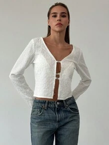 Aloruh 全新纹理面料性感深 V 领休闲衬衫