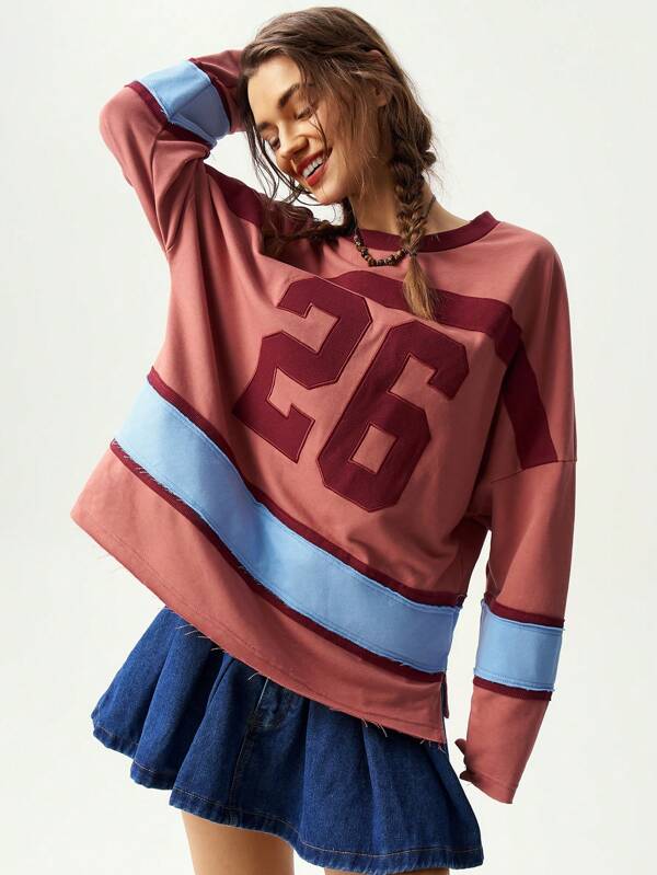 Bohemela Sudadera de punto casual con cuello redondo, estampado de números y bajo asimétrico de manga larga para vacaciones en otoño/invierno para mujer