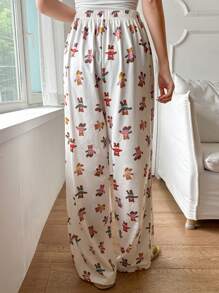 DAZY Cute Bear Allover Print Straight Pajama Bottoms, Fall, Winter - Beige - View 2