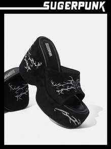 Sugerpunk 女士户外圆头粗跟厚底时尚简约纯黑色一脚蹬凉鞋夏季度假鞋夏季促销 Y2k 朋克潮流酷街头运动万圣节圣诞节秋季 - 黑色 - 查看 1