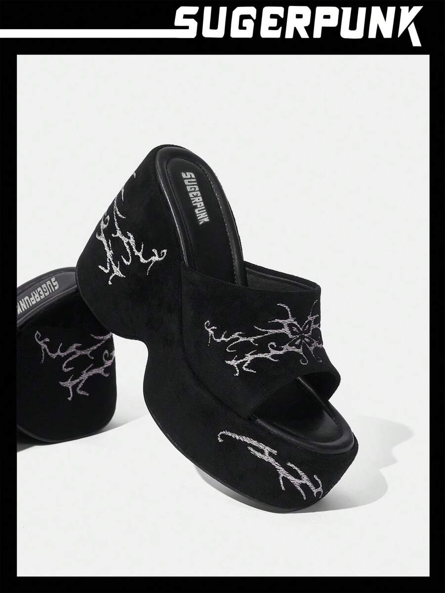 Sugerpunk 女士户外圆头粗跟厚底时尚简约纯黑色一脚蹬凉鞋夏季度假鞋夏季促销 Y2k 朋克潮流酷街头运动万圣节圣诞节秋季 - 黑色 - 查看 1