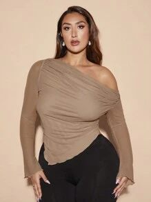 SHEIN BAE Off-Shoulder Brown Mesh Plus Size Long-Sleeved T-Shirt - Khaki - View 1