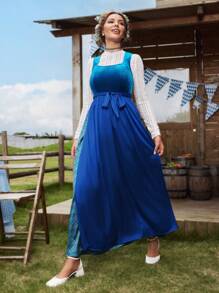Chiquease Sleeveless Contrast Color Belted Maid Dress - Blue - View 3