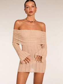 SHEIN BAE Women's Solid Color Off-Shoulder Long Sleeve Simple Sweater Dress, Casual Wear In Fall/Winter - Khaki - View 3