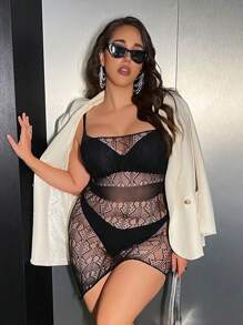 Allurite Conjunto de lencería sexy de talla grande, vestido mini ajustado sin espalda de encaje tipo bandeau