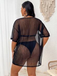 Swim Lushoire Plus Size Solid Color Crew Neck Short Sleeve Sheer Cover-Up, Casual Beach Wear Summer - Black - View 2