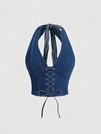 SHEIN MOD Blusa de mezclilla con cuello de halter, con cordones delanteros y correas elegantes y de moda para mujer
