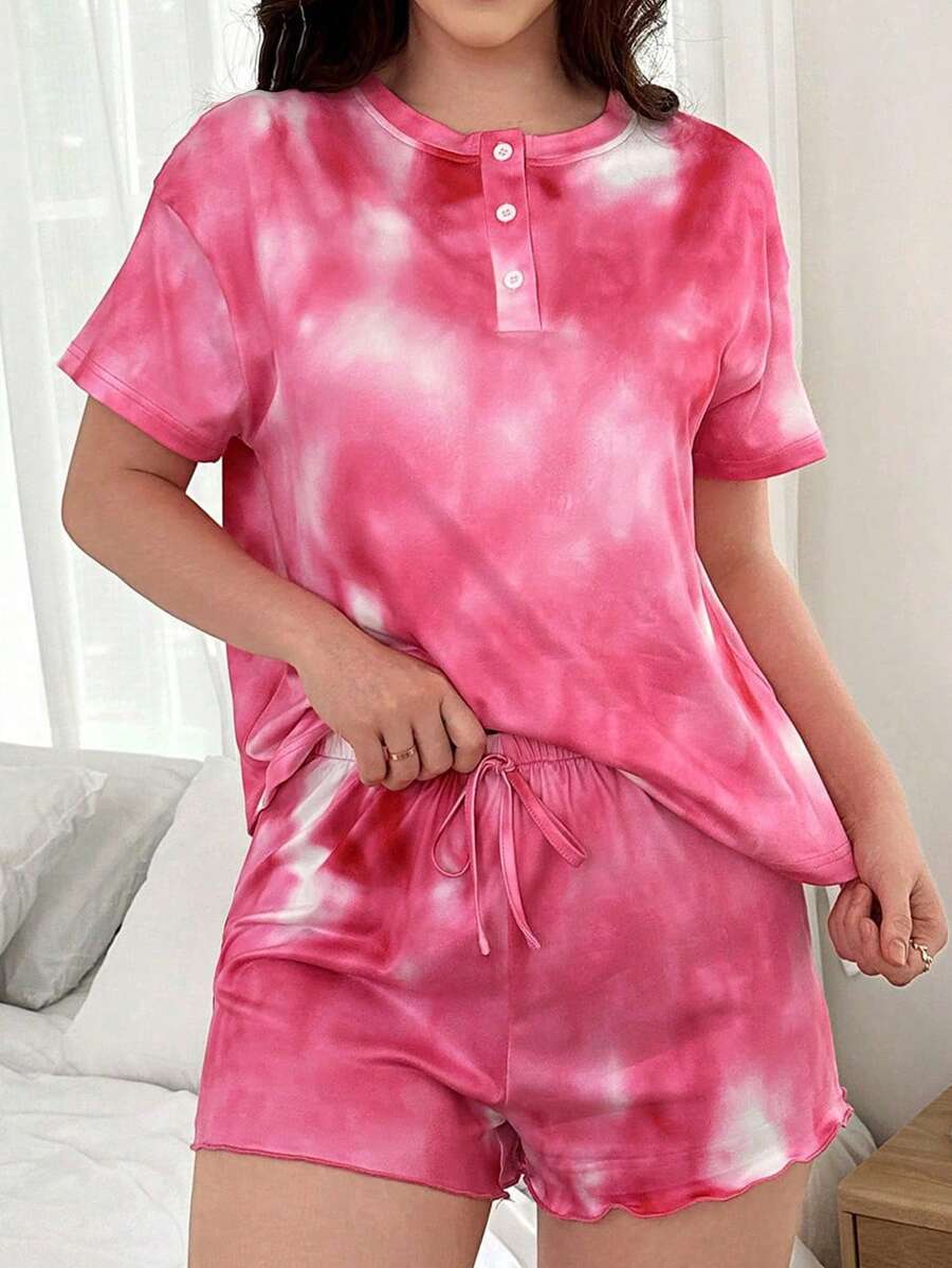 Tie Dye Print Half-Zip Short Sleeve Top And Shorts Pajama Set