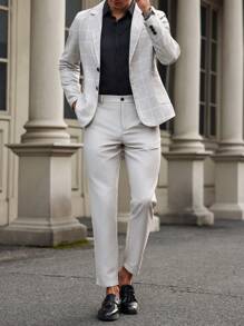 Manfinity Mode Men's Lapel Neck Button Front Long Sleeve Top And Pockets Long Pants Suit Set - Khaki - View 5