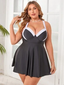 SHEIN Swim Curve Plus Size Summer Beach Colorblock Strappy Backless Swimdress And Solid Triangle Swimshorts Swimwear Set - Black - View 6