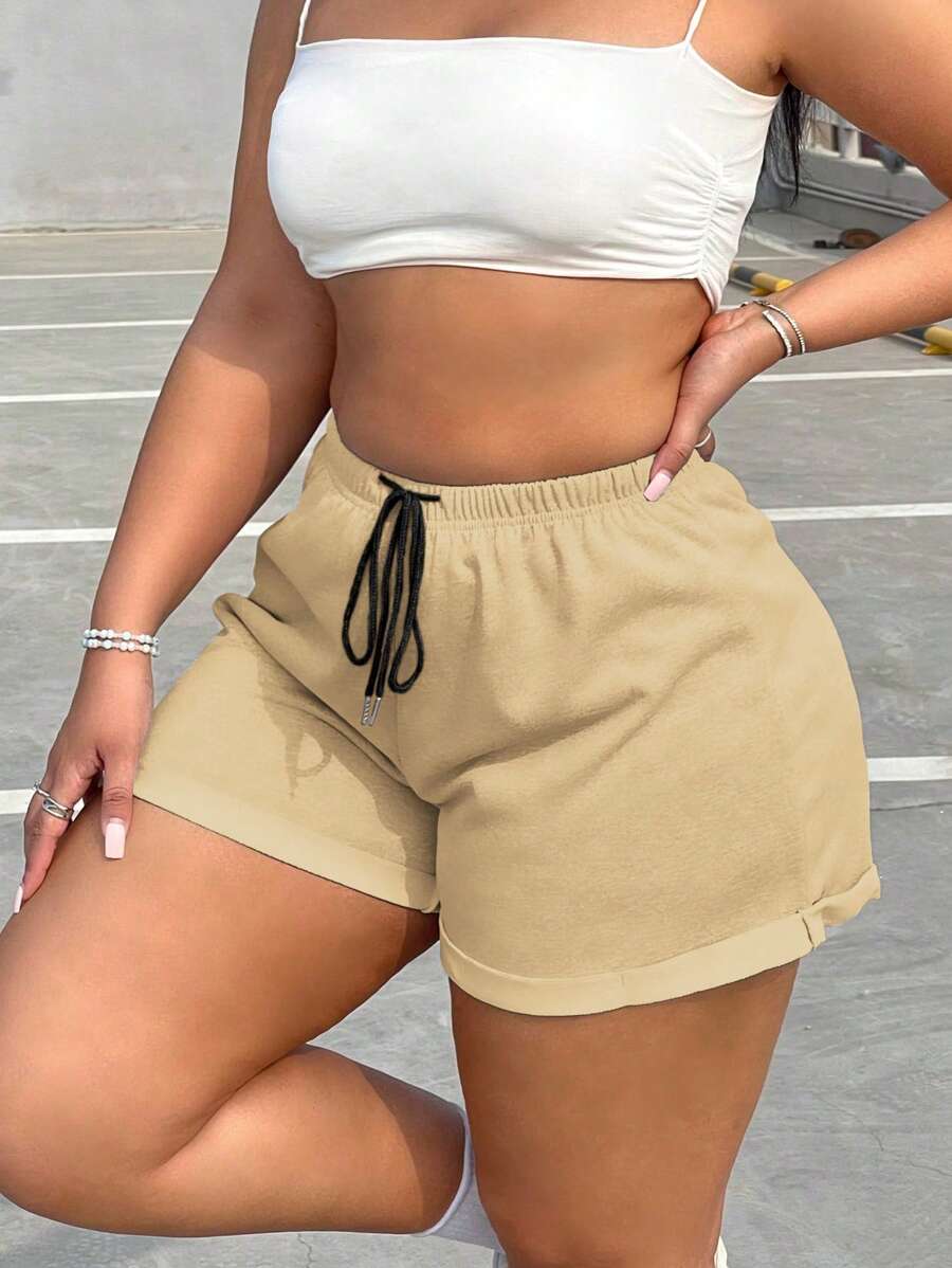Flirla Plus Size Women Plain Simple Daily Drawstring Shorts - Khaki - View 1