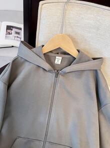 Chaqueta con capucha de sudadera con cremallera y estampado de estrella en la espalda, holgada y casual, de urbana, de color gris ultra suelto, de manga caída para niña preadolescente