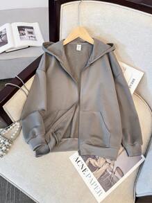 Chaqueta con capucha de sudadera con cremallera y estampado de estrella en la espalda, holgada y casual, de urbana, de color gris ultra suelto, de manga caída para niña preadolescente