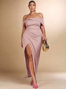 SHEIN BAE Plus Size Women's Summer Fashion And Elegant Party Inverted Pleated One-Shoulder Solid Black Stretch Knit Slit Long Dress
