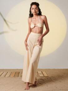 JACOBO SIN A Designer Women's Solid High Waist Casual Wide Leg Pants, Cotton, Holiday