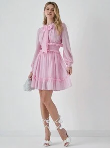 Enchnt Romantic Fall Holiday Elegant Pink Neckline Lantern Sleeves Ruffled Waist Bow  Dress - Pink - View 7