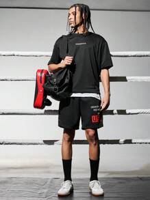 Gym Rark 男友风男士前系带口袋字母印花运动短裤日常休闲校园运动裤黑色短裤 - 黑色 - 查看 3