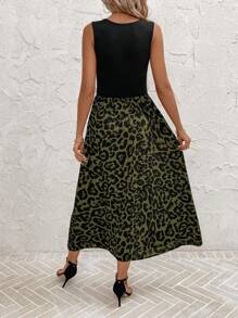 SHEIN Clasi Crew Neck Sleeveless Solid & Leopard Print Patchwork Mid-Length Dress - Army Green - View 2