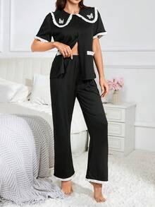 Nữ Peter Pan Cổ Nút Tay Ngắn Colorblock Túi Áo Và Quần Bộ Pyjama Thông Thường - màu đen - Xem 4