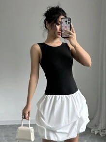 SHEIN Unity 女士欧美风格休闲通勤复古撞色褶皱喇叭短裙