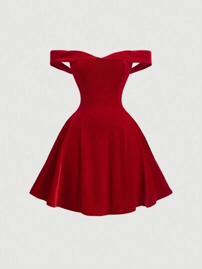 SHEIN MOD 1 pieza Vestido corto de mujer estilo retro de hombros descubiertos, vestido de invitada de boda de otoño, vestido de graduación, vestido de dama de honor, atuendo de festival rave, vestido sin espalda, vestido, vestido, vestido de regreso a casa, vestido de gala