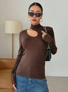 DAZY Áo thun nữ tay dài cổ tròn trơn đơn giản, khoét lỗ, thời trang xuân thu, thu đông, cổ đứng - màu nâu - Xem 3