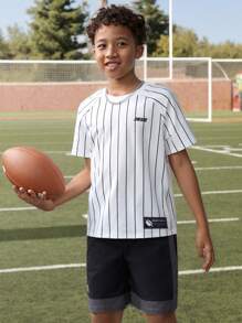 SHEIN Tween Boy Striped Printed Knit T-Shirt & Colorblock Drawstring Shorts 2pcs/Set