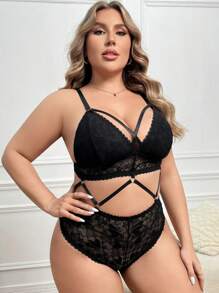 1 pièce Body sexy avec patchwork en dentelle, grande taille - Noir - Voir 5
