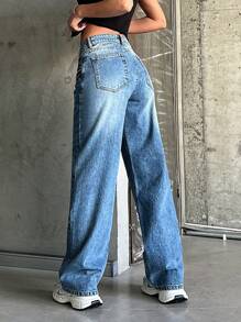 RueChic 100% Cotton Low Waist Wash Detailed Straight Cut Jean
