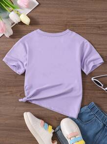 Young Girls Cute Animal & Plant Graphic English Slogan Round Neck T-Shirt - Purple - View 2