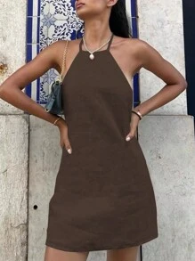INAWLY Vestito corto estivo da donna con tela solida, collo alto, senza schienale e senza maniche