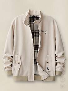 Manfinity VCAY Men Corduroy Vintage Stand Collar Long Sleeve Harrington Jacket, Back To School, For Fall Winter - Khaki - View 1