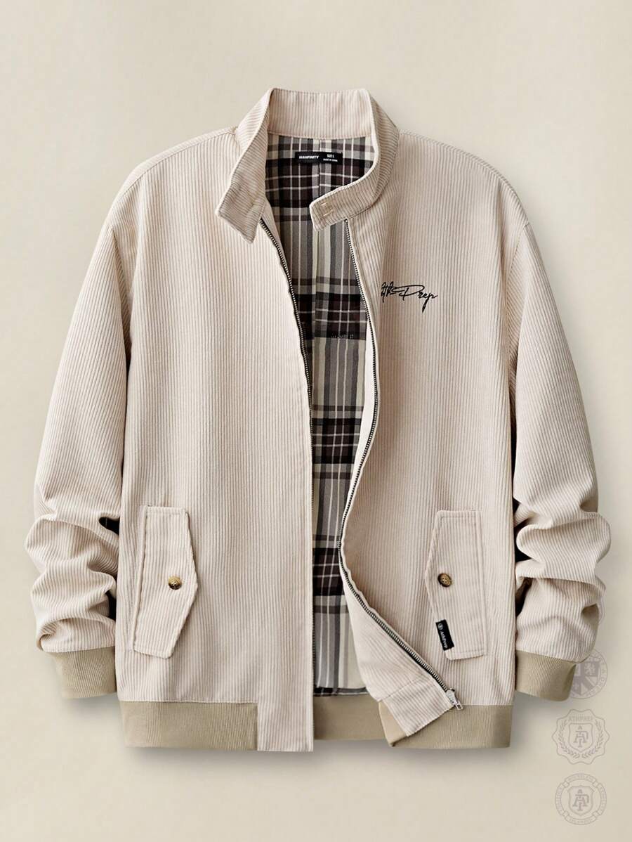 Manfinity VCAY Men Corduroy Vintage Stand Collar Long Sleeve Harrington Jacket, Back To School, For Fall Winter - Khaki - View 1